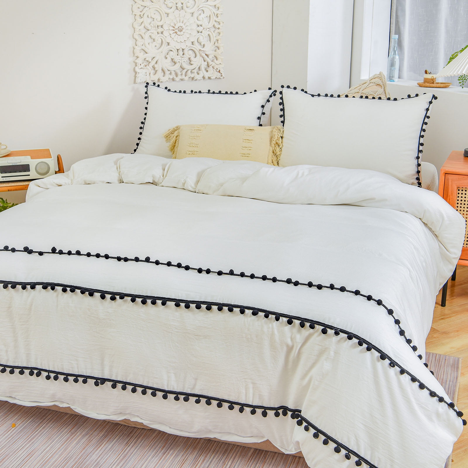 Move Over White Black Pom Poms Bedding Set Solid Color Pattern White