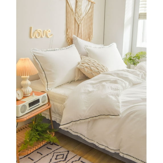 Move Over White Black Tassel Bedding Sets Twin Tassel Pattern Washed Microfiber Boho Tassle Duvet Cover Set No Filling