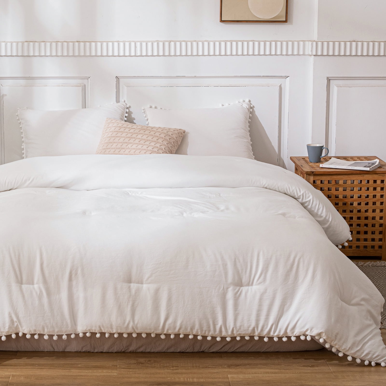 Move Over Queen Size White Comforter Set with Pom Poms Fringe and