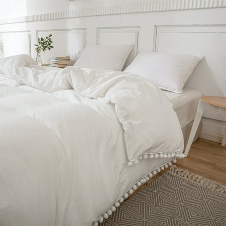 Move Over White Duvet Cover King Pom Poms Quilt Cover Only Ball Fringe Pattern Washed Microfiber No Filling
