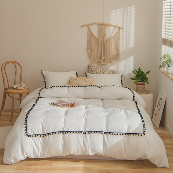 Move Over White Duvet Cover Set 2 Pieces 100% Washed Microfiber Pom Poms Pattern Shabby Chic Bedding Twin