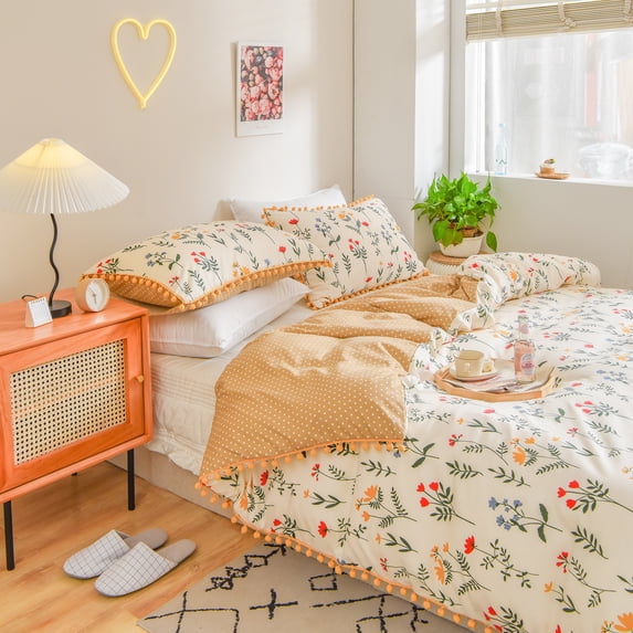 Move Over White Flowers Bedding Sets King Ball Fringe Pattern Lightweight Microfiber Botanical Duvet Cover Set No Filling