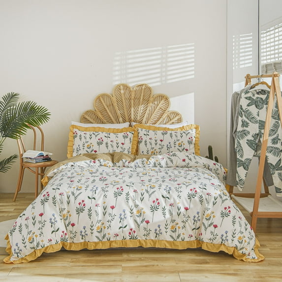 Move Over White Flowers Bedding Sets Queen Yellow Blue Flowers Ruffle Pattern Botanical Microfiber Duvet Cover Set No Filling