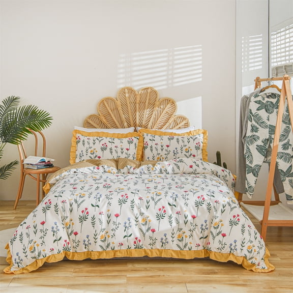 Move Over White Flowers Duvet Cover Set Twin Botanical Bedding Sets Ruffle Floral Pattern Microfiber No Filling