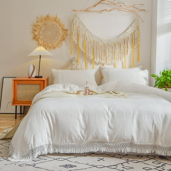 Move Over White Macrame Tassel Bedding Sets King Washed Microfiber Tassel Pattern Boho Chic Duvet Cover No Filling