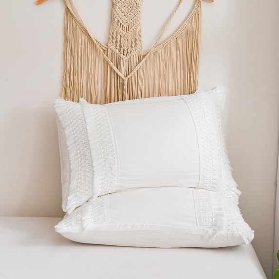 Move Over White Macrame Tassel Pillowcases Queen, 100% Washed Microfiber Pillow Cover Set of 2, Boho Decor, No Filling