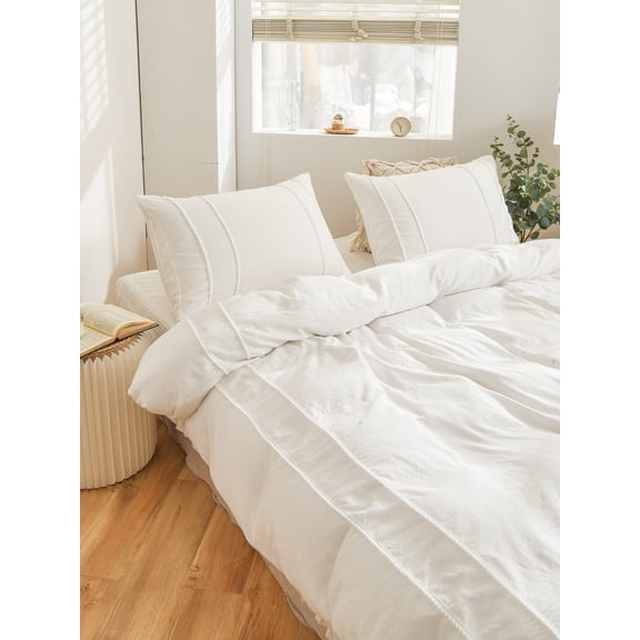 Move Over White Pom Poms Bedding Sets Twin, Mini Ball Fringe Pattern, Washed Microfiber, Boho White Duvet Cover Set, No Filling