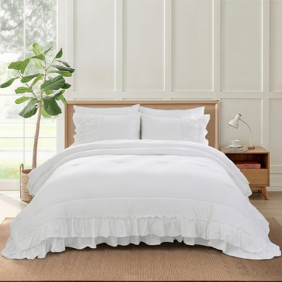 Move Over White Ruffle Comforter Set Queen Boho Bedding Sets 2 Layers White Long Ruffled Pattern Microfiber Filling Farmhouse Duvet