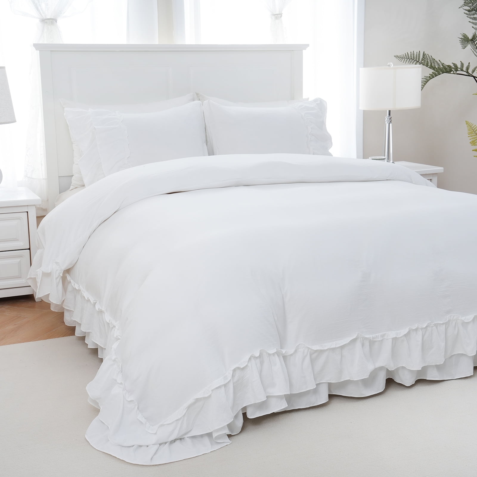 Ella Ruffled White Cotton King Duvet Cover Set