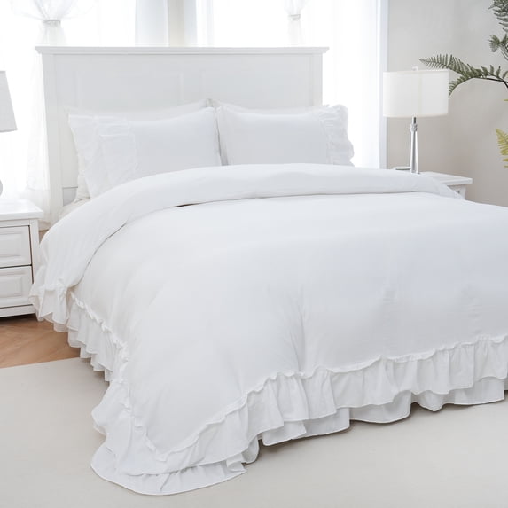 Move Over White Ruffle Duvet Cover Set Twin Size 2 Layer Ruffled Pattern Soft Microfiber White Ruffle Bedding Set