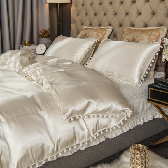 Move Over White Satin Bedding Sets King Silky Pom Poms Duvet Cover Set White Fringe Pattern Satin Microfiber No Filling