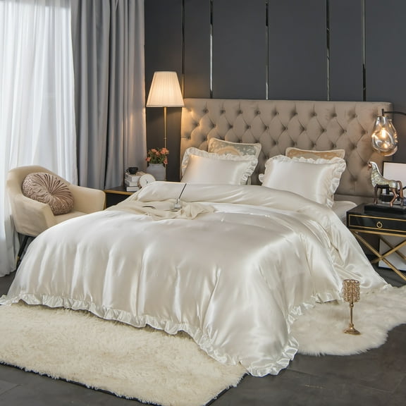 Move Over White Satin Ruffle Bedding Sets Queen Silky Ruffled Pattern Silk like Satin Duvet Cover Set No Filling