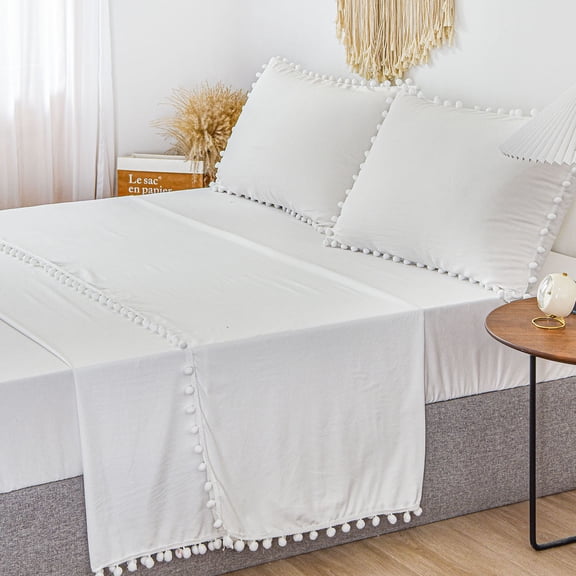 Move Over White Sheet Set Washed Microfiber Sheet Set White Pompoms Pattern Deep Pocket Sheet Set Full