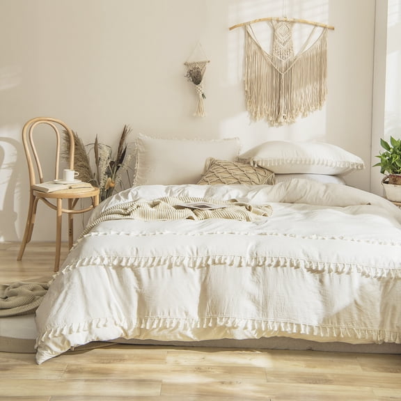 Move Over White Tassel Bedding Sets Queen Tassels Pattern Boho Duvet Cover Set Microfiber No Filling