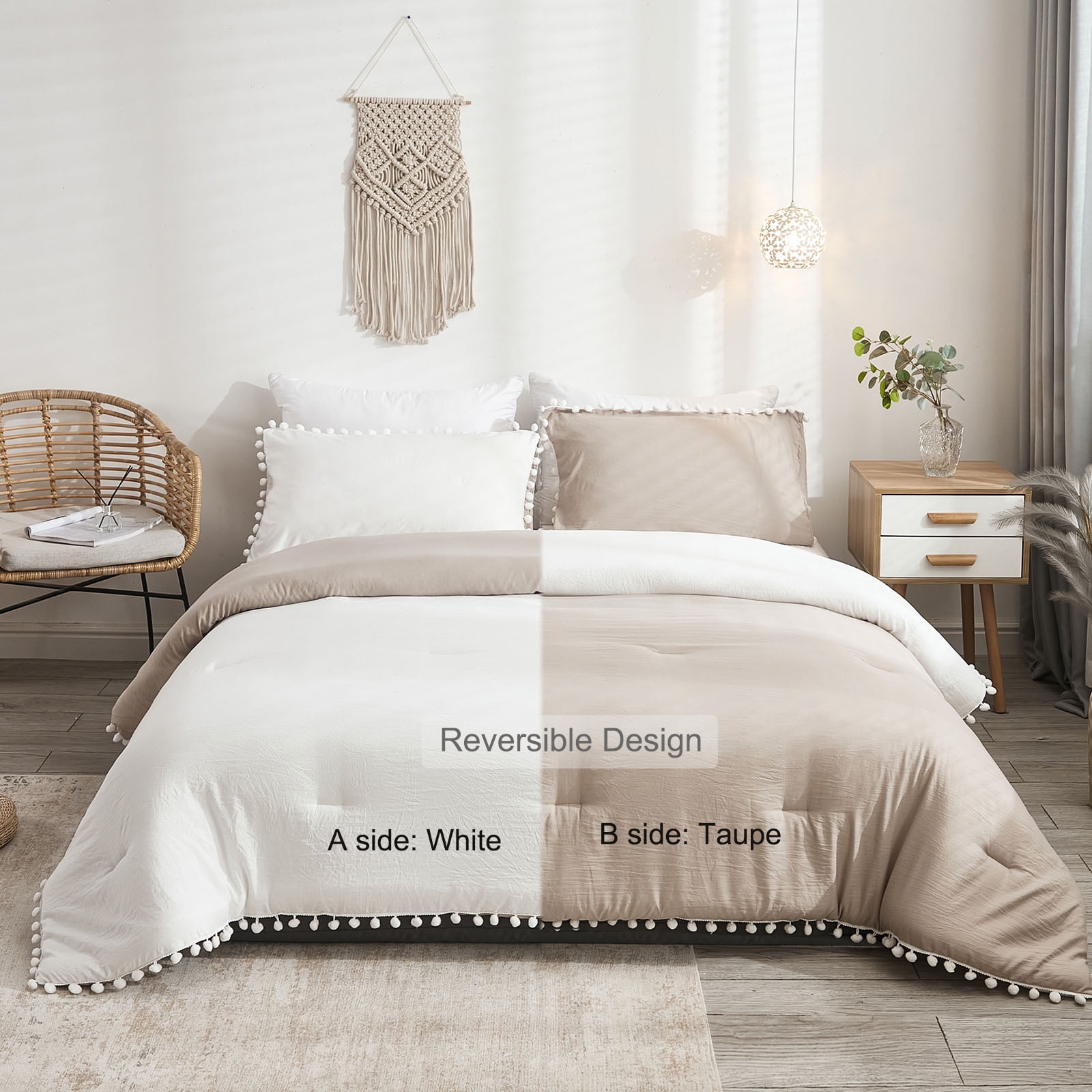 Move Over White Taupe Comforter Set King Pom Poms Boho Bedding Sets