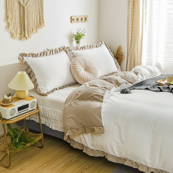 Move Over White Taupe Ruffle Bedding Sets King White Taupe Reversible Duvet Cover Set Washed Microfiber Taupe Ruffled Pattern No Filling