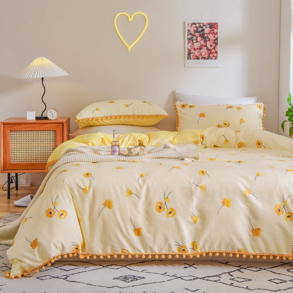 Move Over Yellow Flowers Bedding Sets King Pom Poms Pattern Microfiber Pom Poms Duvet Cover Set No Filling