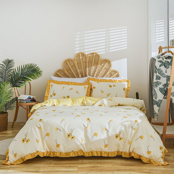 Move Over Yellow Flowers Bedding Sets King Yellow Ruffle Duvet Cover Ruffle Flowers Pattern Microfiber No Filling