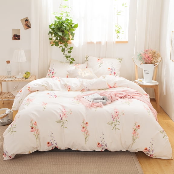 Move Over offwhite Floral Bedding Sets Queen Flowers Pattern Botanical Duvet Cover Set Microfiber No Filling
