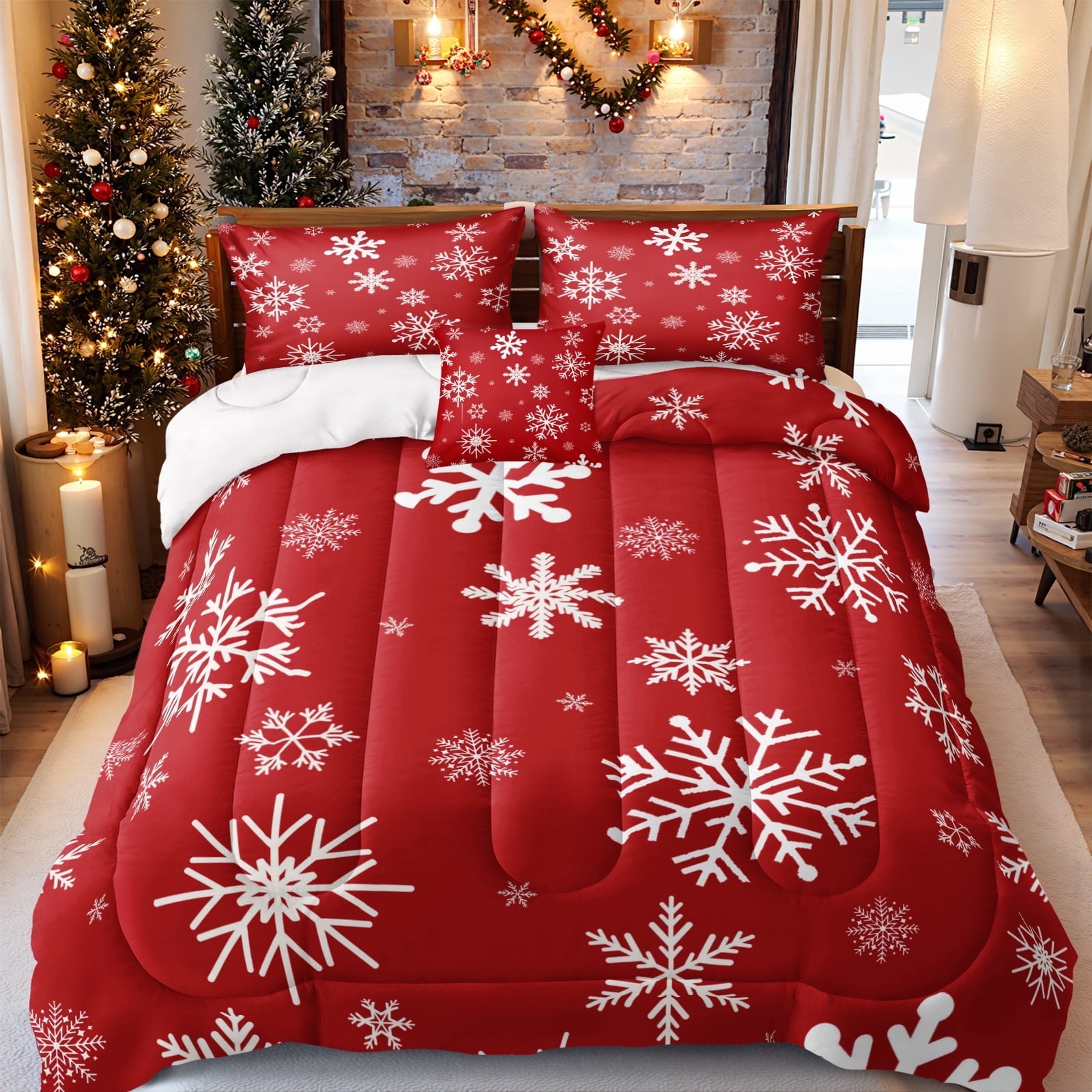 Move Over Red Christmas Comforter Set King White Snowflakes Bedding Set ...