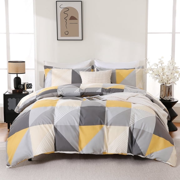 Move Over 100% Cotton Yellow and Gray Geometric Duvet Cover Set, 3-Piece, Queen
