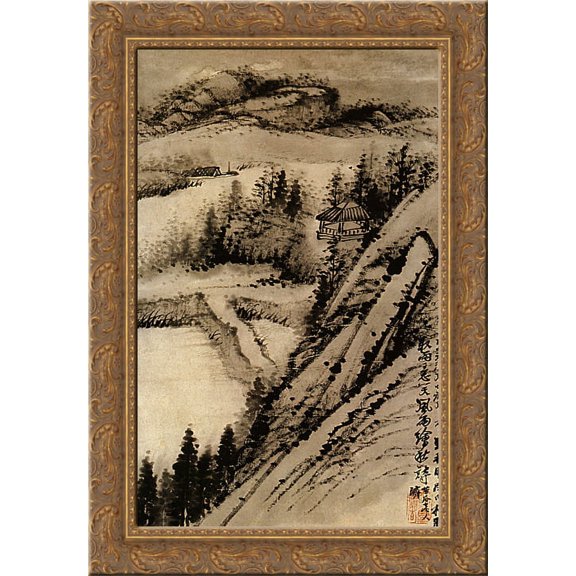 Move up one more floor 24x18 Gold Ornate Wood Framed Canvas Art by Shitao