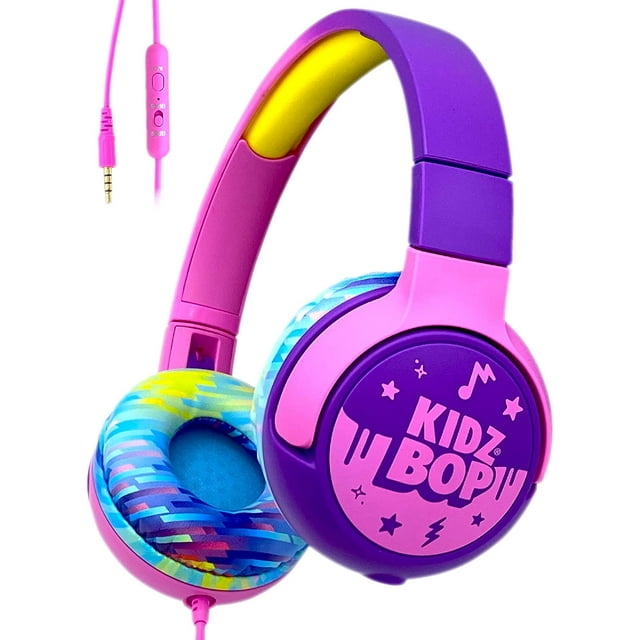 Move2Play Kidz Bop Wired Headphones for Kids | Microphone | 3.5mm Plug | Volume Limiting 85dB/94dB | Soft Pads | Adjustable | School Use | Gift 3 4 5 6 7 8+ Year Old Girls Boys Toddlers