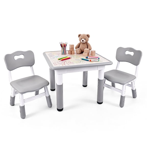 Kids Table and Chairs Set - 23.6" L x 23.6" W Height Adjustable Toddler Desk, Non-Slip Toddler Table with Graffiti Desktop for Ages 2-8, for Home Preschool Classroom Daycare, Grey