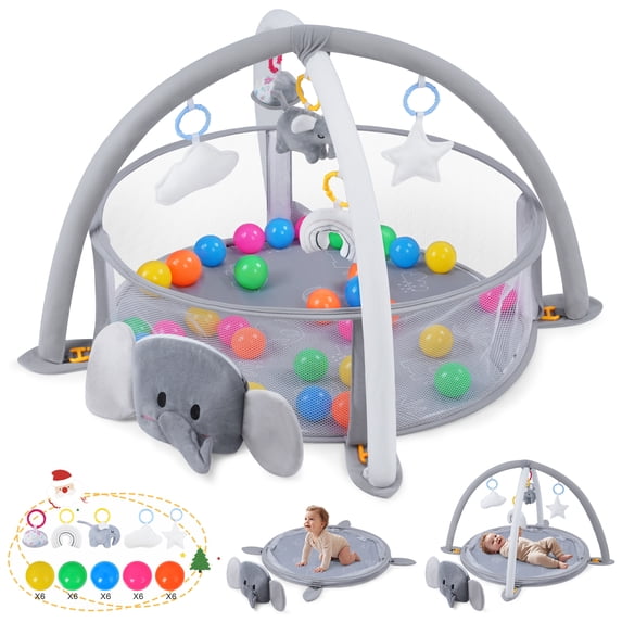 Babyeap Baby Play Gym Mat,Baby Play Activity Mat with 5 Detachable Toys and 30Ocean Ball,Newborn Infant Baby Essentials Gift,Gray