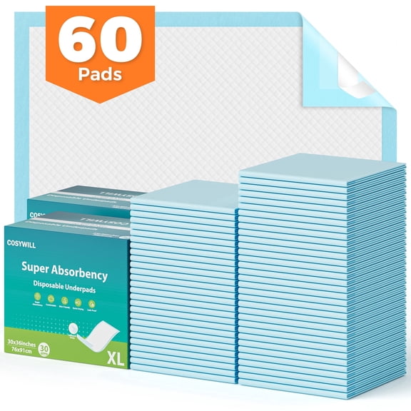 COSYWILL Bed Pads,30'' x 36'' Incontinence Bed Pads for Adults, Disposable Underpads with Adhesive Strip,60 Count