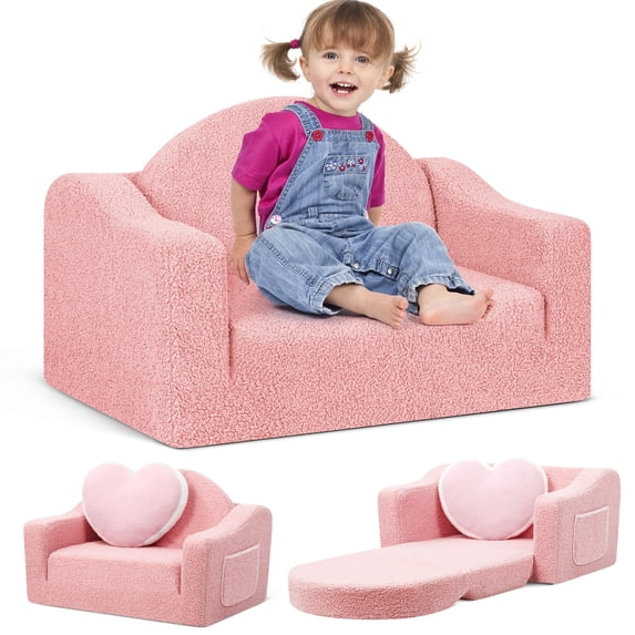 babyeap Kids Couch,2-in-1 Soft Toddler Couch Fold Out,Convertible Sofa to Lounger,Gifts for Kids Girl Boys,Pink