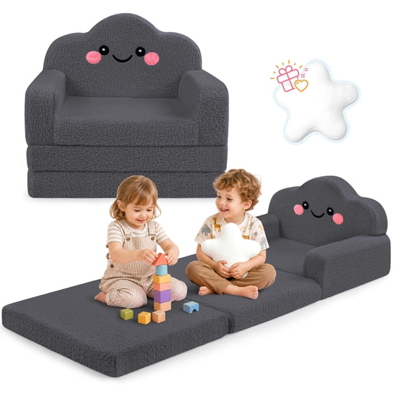 babyeap 2-in-1 Kids Sofa,Fold Out Toddler Couch with Star Pillow,Soft Convertible Kids Chair for Girls and Boys,Deep Gray