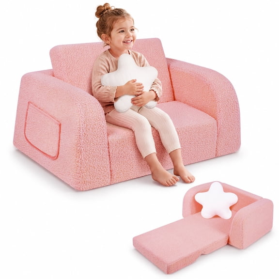 babyeap 2-in-1 Wide Base Kids Sofa,Fold Out Toddler Couch with Star Pillow,Soft Kids Chair for Reading, Playroom, Bedroom & Nursery,Deep Pink