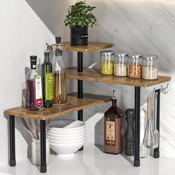 Moveable Corner Shelf Organizer for Kitchen, Bathroom, Spice Rack, Coffee Area, Over Sink, Dresser Table (Rustic Brown)