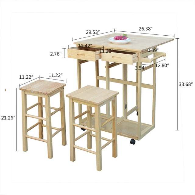 Moveable Kitchen Storage Cart, Kitchen Storage Cart on Wheels, Natural PKWQ734WD-1 FCH Square Solid Wood Folding Dining Cart with 2 Free Stools