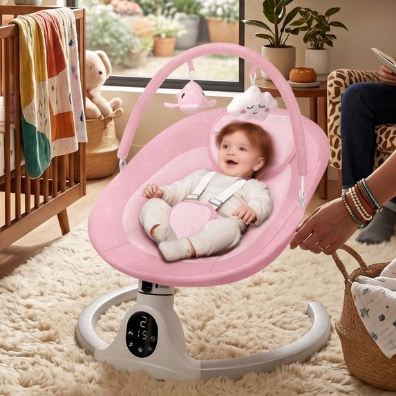 Movease Infant Baby Swing , Smart Swing with App Control, Multi-Speed Motion, Music Playback, Space-Saving Frame, Pink