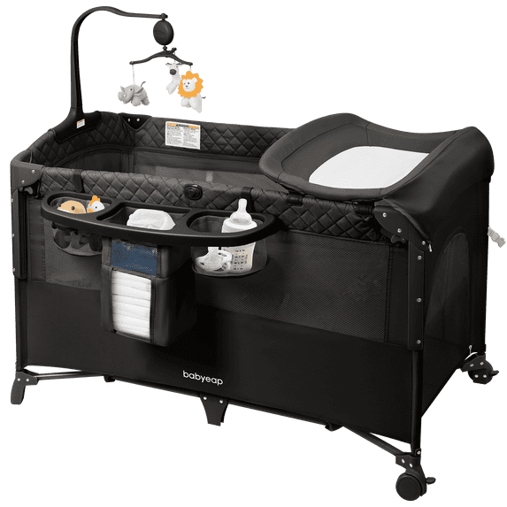 Moveasy Baby Bassinet, Playard with Changing Station, Adjustable Height, Foldable Design, Black