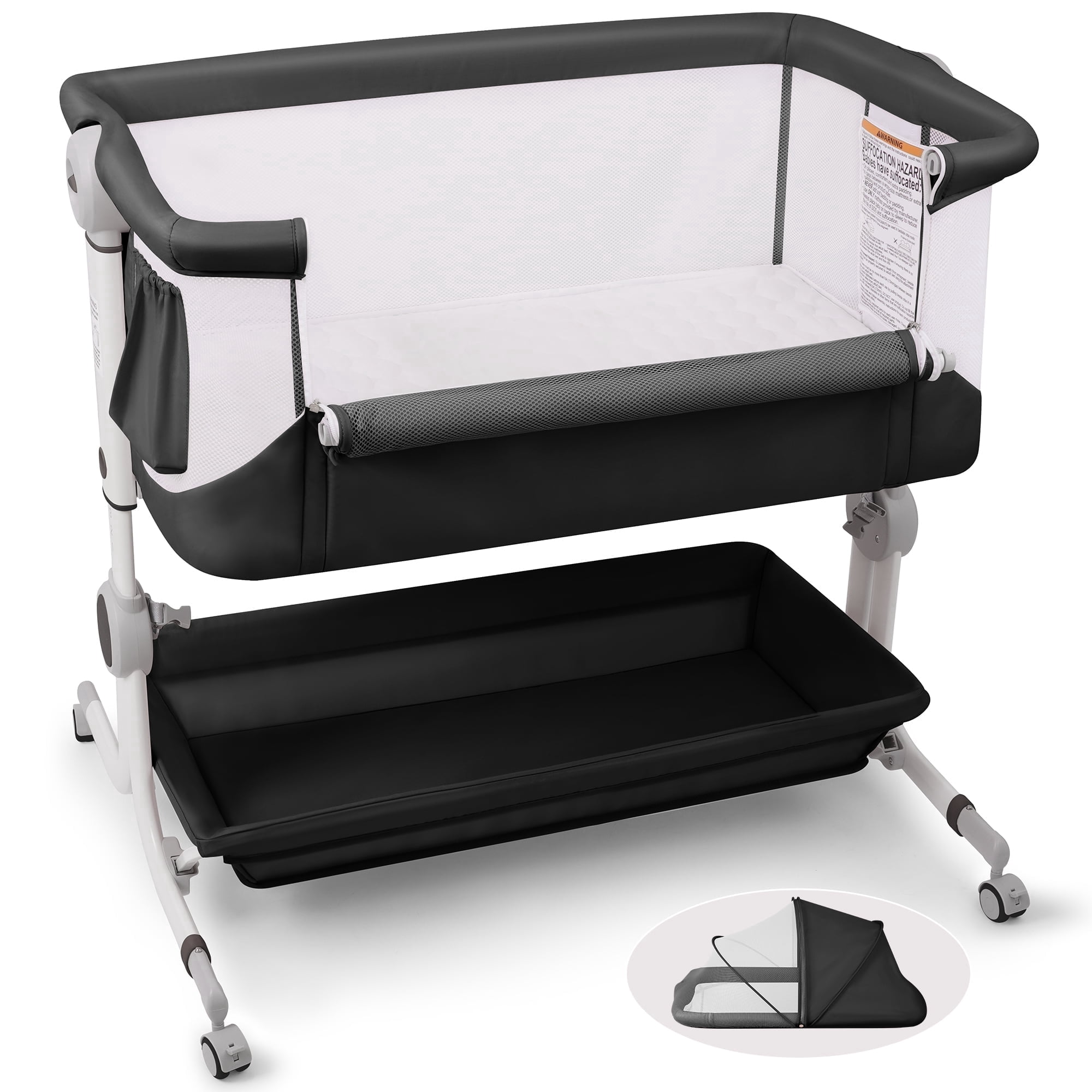 Moveasy Baby Bassinet, with Adjustable Height, Breathable Mesh Sides, Storage Basket, Wheels, Dark Gray
