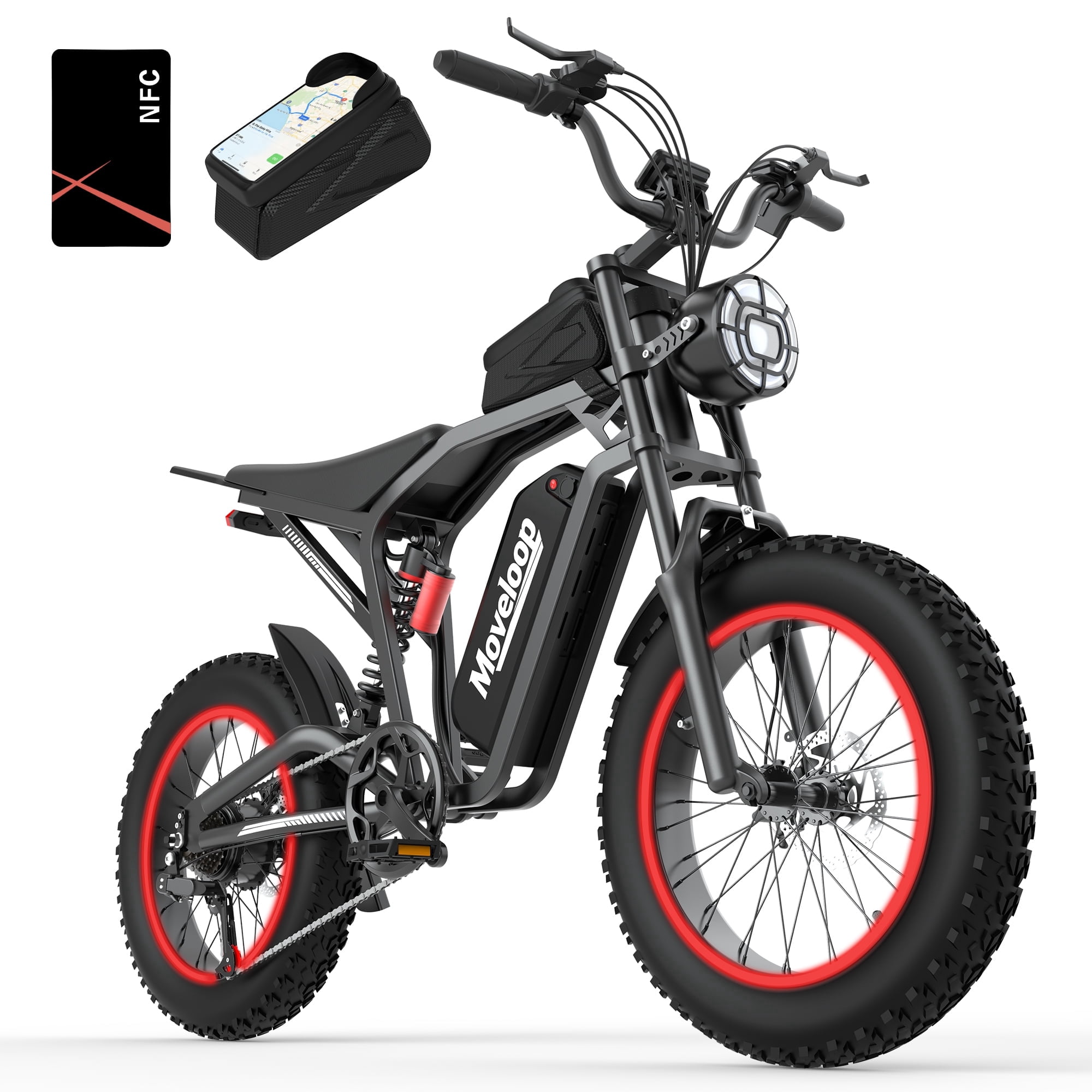 Moveloop Ebikes for Adults, 20"X4" Fat Tire Electric Mountain Bike, Peak 1500W Motor 48V 15Ah Removable Battery 7-Speed E-Bike, NFC Unlock, UL 2849, Age 16+
