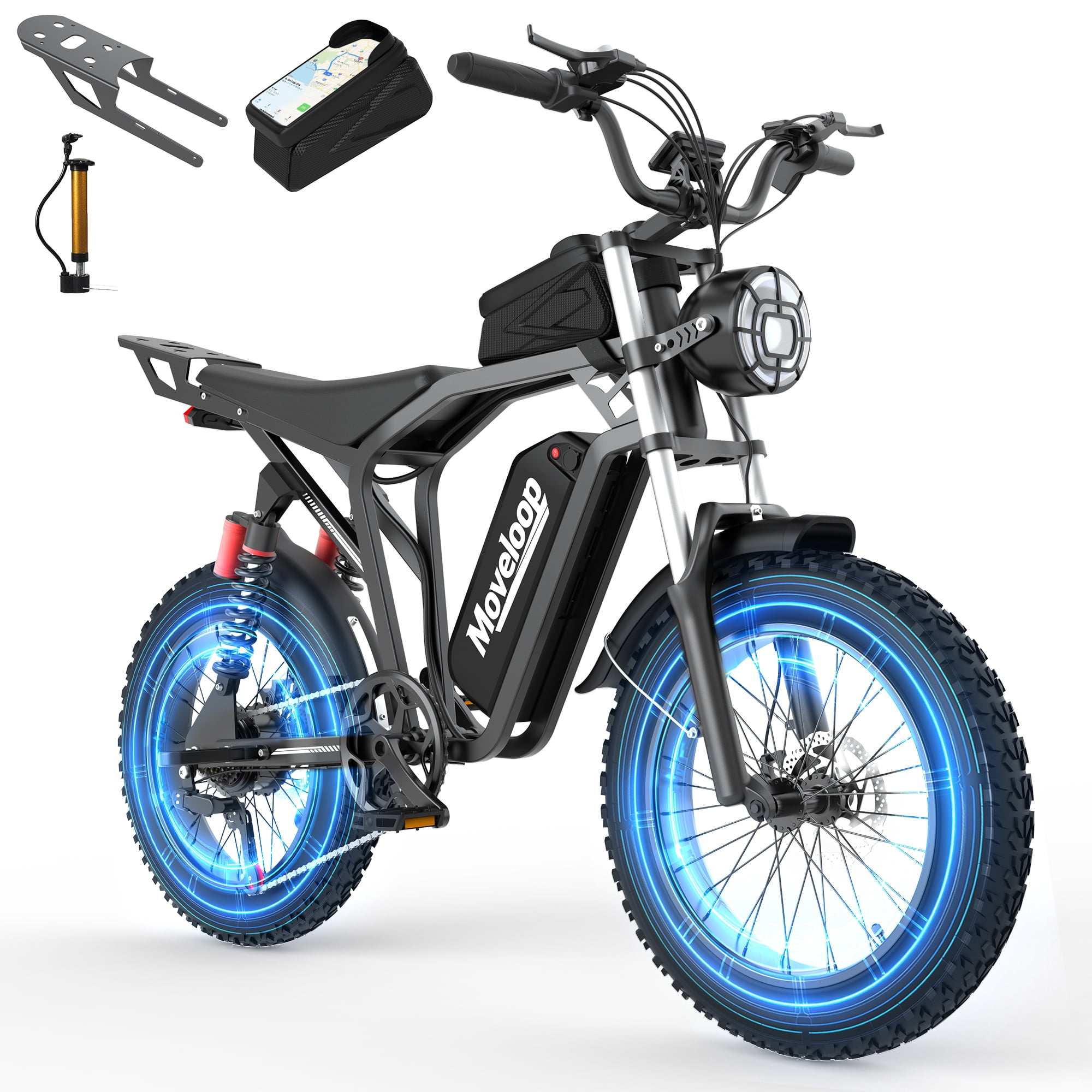 Moveloop T2 Ebikes for Adults, 750W Motor 28MPH Electric Bike, Up to 70 Miles Range, 48V 15.6Ah Battery 20" Fat Tire Mountain E-Bike, Full Suspension, NFC Unlock, Class 3