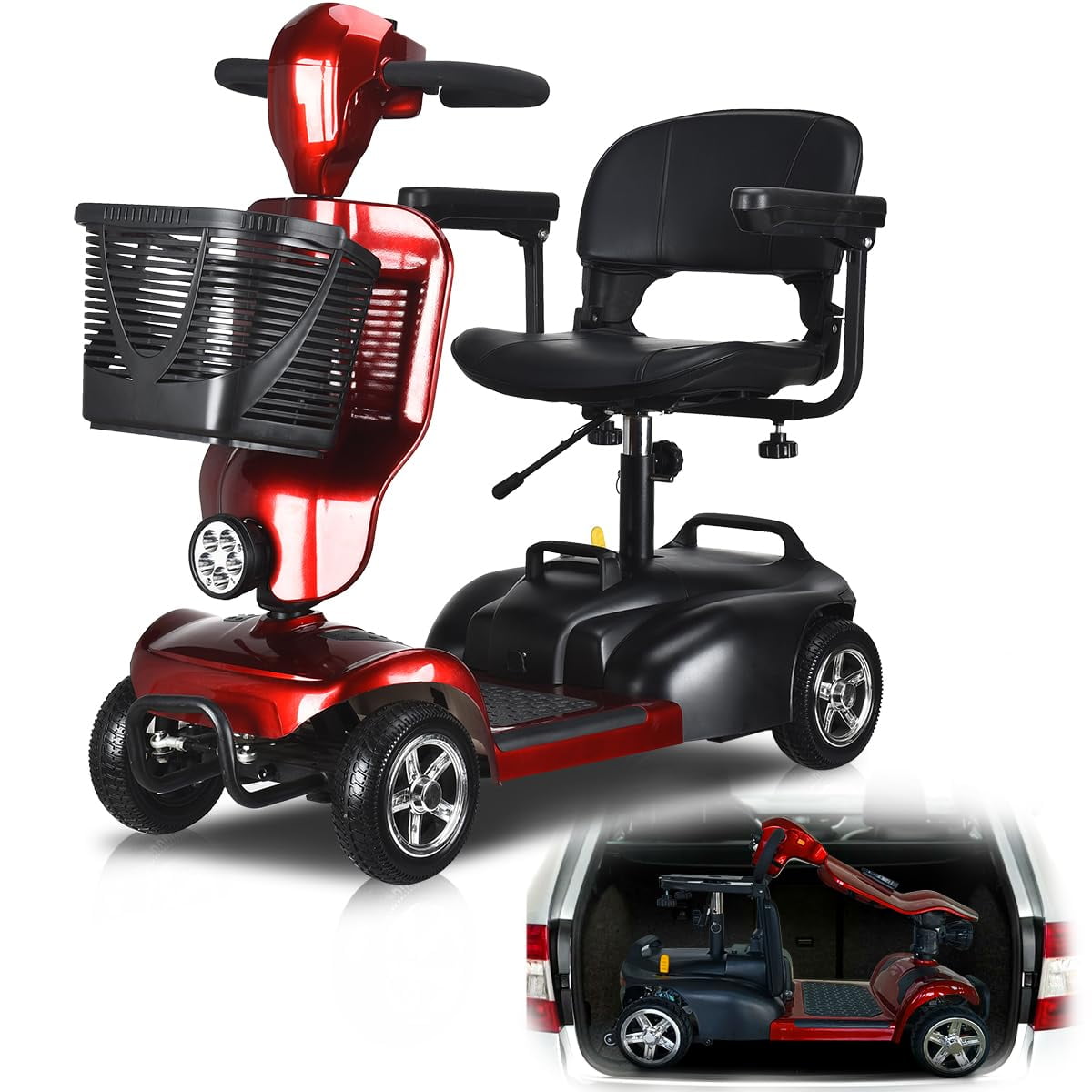 Movemagic 4 Wheel Electric Scooter with Seat,Electric Power Mobile Scooters for Seniors Adult with Lights Collapsible and Compact Duty Travel Scooter w/Basket and Cell Phone Holder