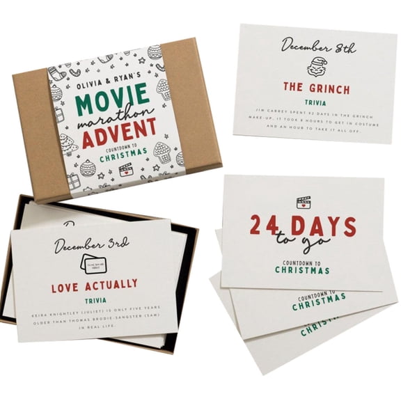 Movie Advent Calendar 2026, Christmas Countdown Kit with 24 Movie Night Ideas, Trivia & Challenges, Fun Holiday Gift for Families Couples Kids, Interactive Xmas Decor, Paper Cards