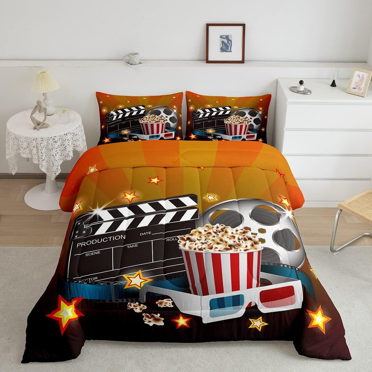 Movie Comforter Set Popcorn Movie Bedding Set Retro Cinema Red Black