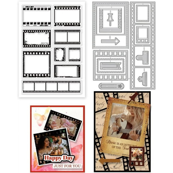Movie Film Background Frame Clear Stamps and Label Frame Cutting Dies Set for DIY Scrapbooking Cards Making Decorative Photo Album Notebook