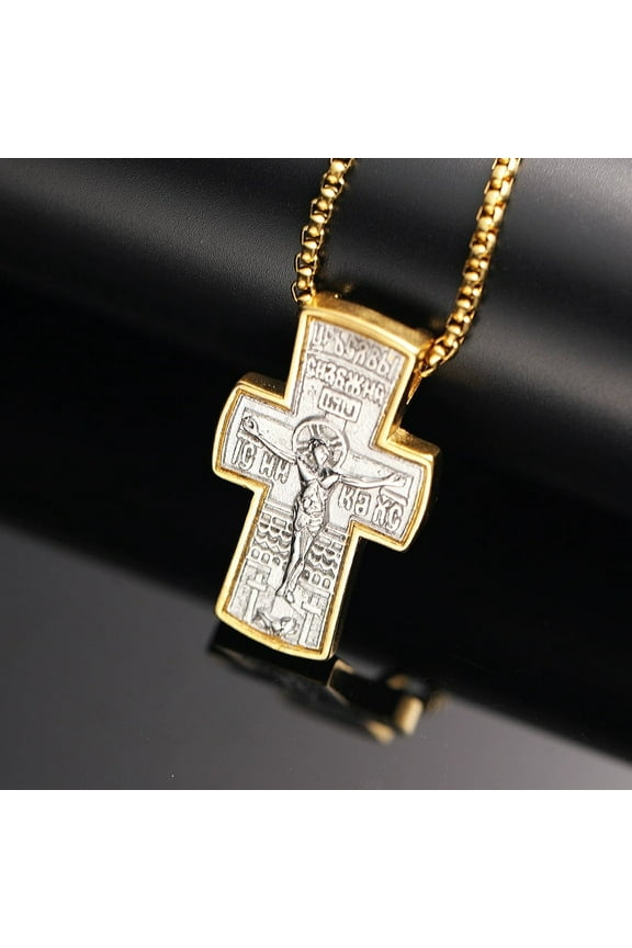 Movie John Wick Jesus Cross 14K Yellow Gold Necklace Crucifix Eastern Orthodox Prayer Big Pendant For Men Women Jewelry Accessories Gifts