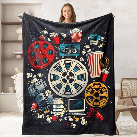 Movie Night Cinema Projector Film Reel Popcorn Throw Blanket for Couch Sofa Bed