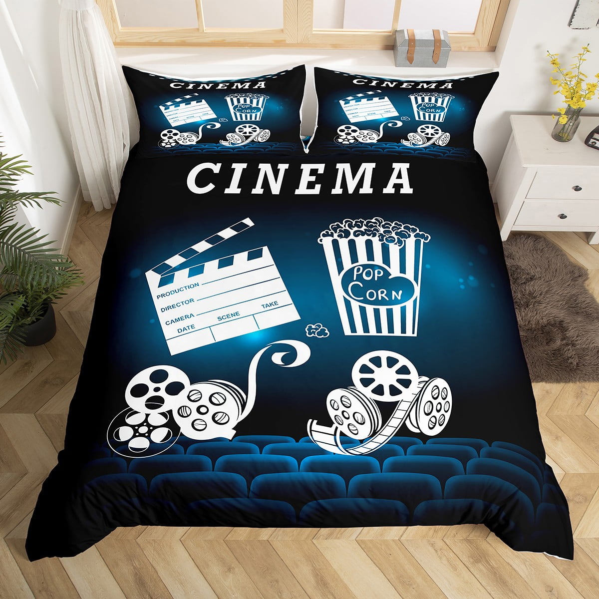 Movie Night Duvet Cover King for Young Man Couples, Vintage Retro Filmstrip Comforter Cover