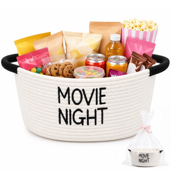Movie Night Gift Basket Cotton Rope Popcorn Storage Basket for Theater Family Room Party Decor