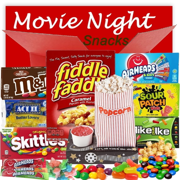 Movie Night Gift Box – Large Snack Care Package with Caramel Popcorn, Butter Lovers Popcorn, Sour Candy, Fruit Gummies, Milk Chocolate, Theater Box Treats – Date Night, Birthday, Kids, Students