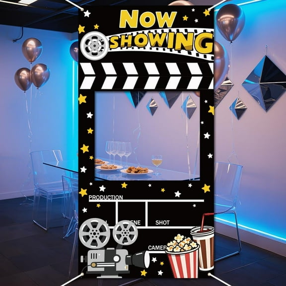 Movie Night Party Backdrop 2.9x5.9 Ft Film Clapboard Popcorn Photo Banner Decoration Now Showing Large Fabric Hanging Photography Background for DIY Camera Movie Theater Red Carpet Party Supplies